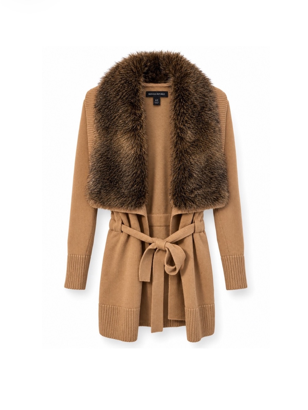 Banana Republic Faux Fur-Collar Tie-Waist Wool Blend Cardigan – Camel, Size S/P